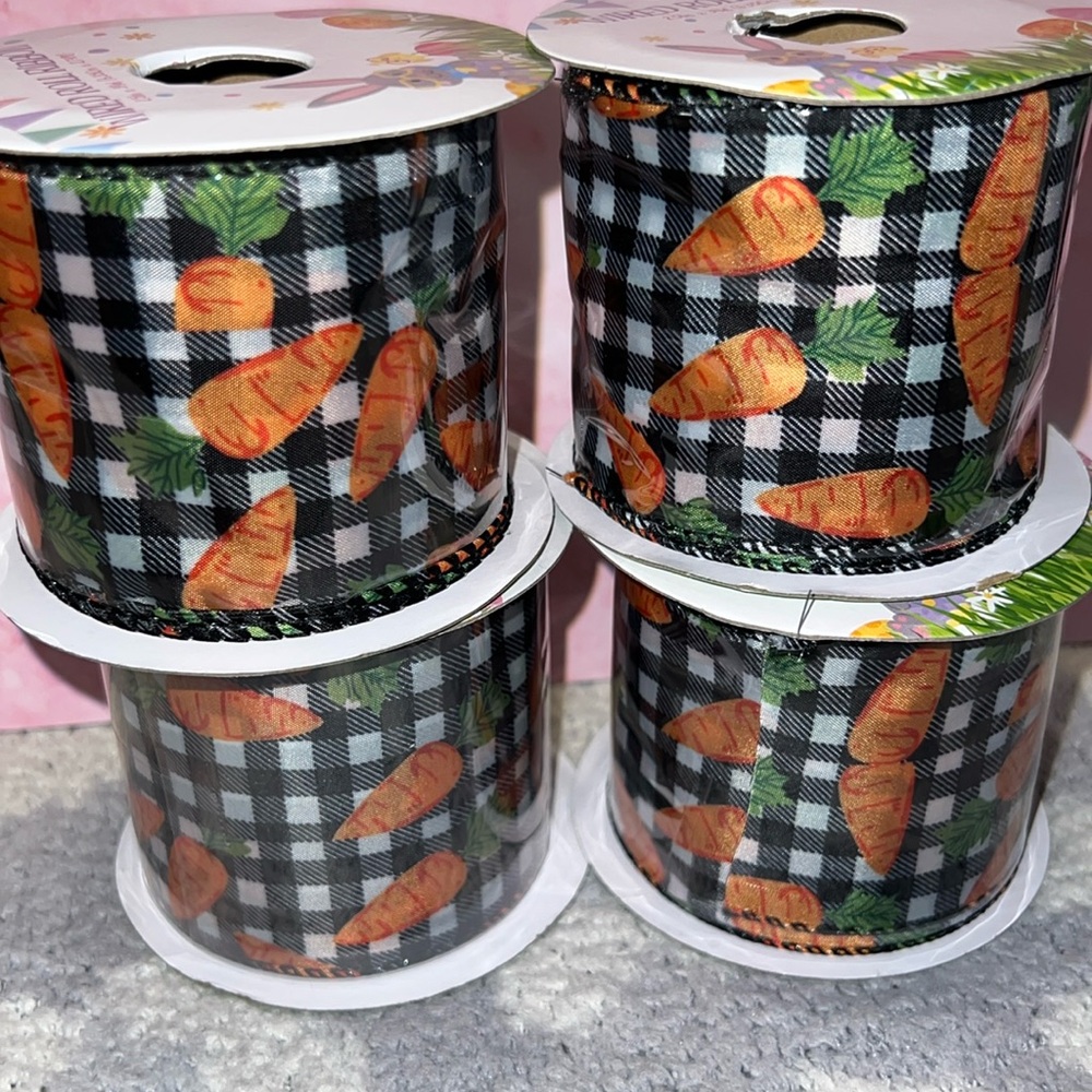 New Wired Roll Set of 4 - 2.5In x 3Yd Ribbon Easter Gingham Carrot Ribbon (101)